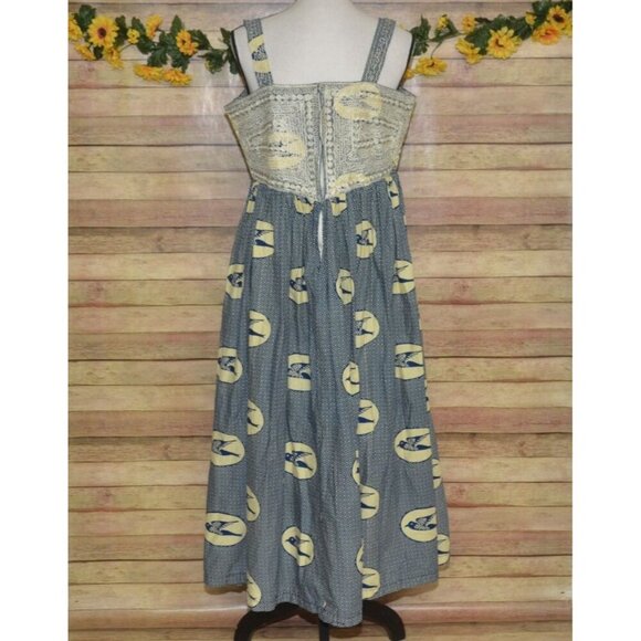 Hand Made Blue & Beige Nautical Coastal Sundress Size L Embroidered Bird Pattern - Picture 9 of 14